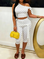 Polka Dot One Shoulder Crop Top Set With Tie Waist Capri Leggings