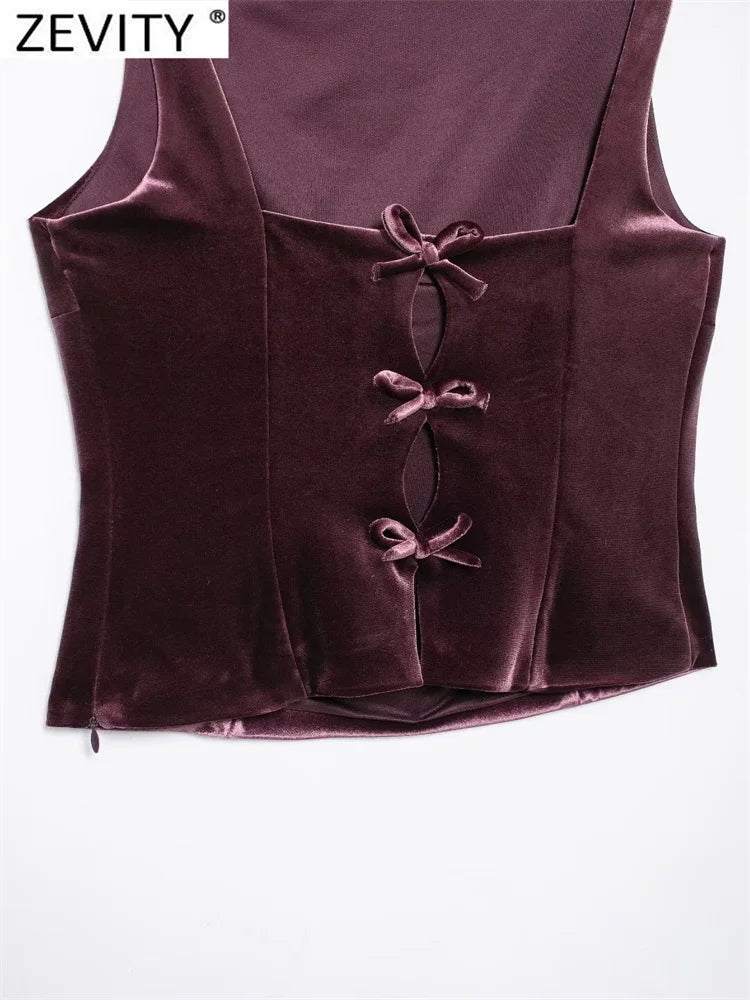Velvet Spaghetti Strap Bow Back Blouse For Women Elegant Evening Top With Slim Tailored Fit