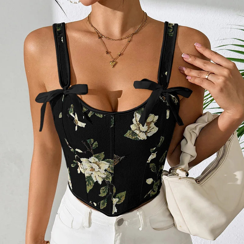 French Floral Print Corset Top With Double Straps Vintage Bustier Shaper