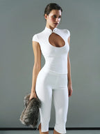 Button Cutout Turtleneck Top For Women Fitted Short Sleeve Knit With Stand Collar