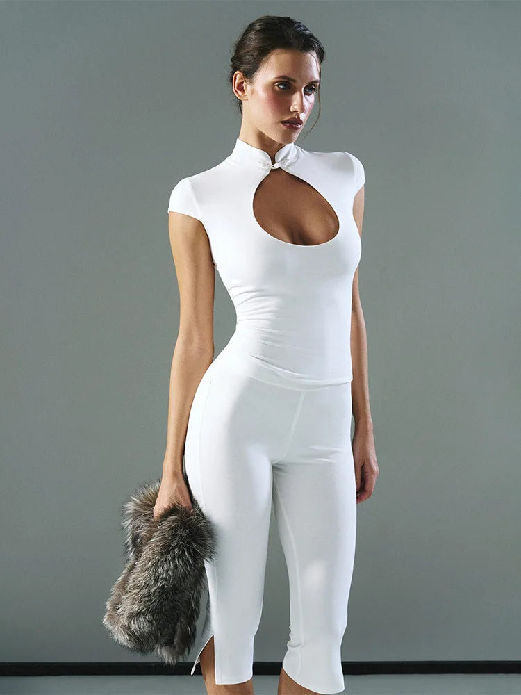 Button Cutout Turtleneck Top For Women Fitted Short Sleeve Knit With Stand Collar