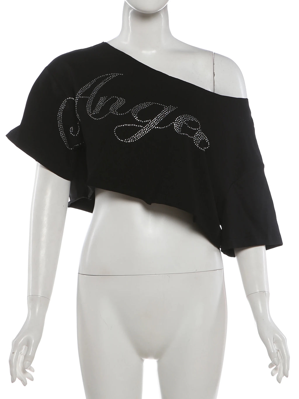 Shimmering Letter Rhinestone Tee Off Shoulder Top With Skew Collar