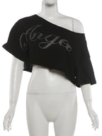 Shimmering Letter Rhinestone Tee Off Shoulder Top With Skew Collar