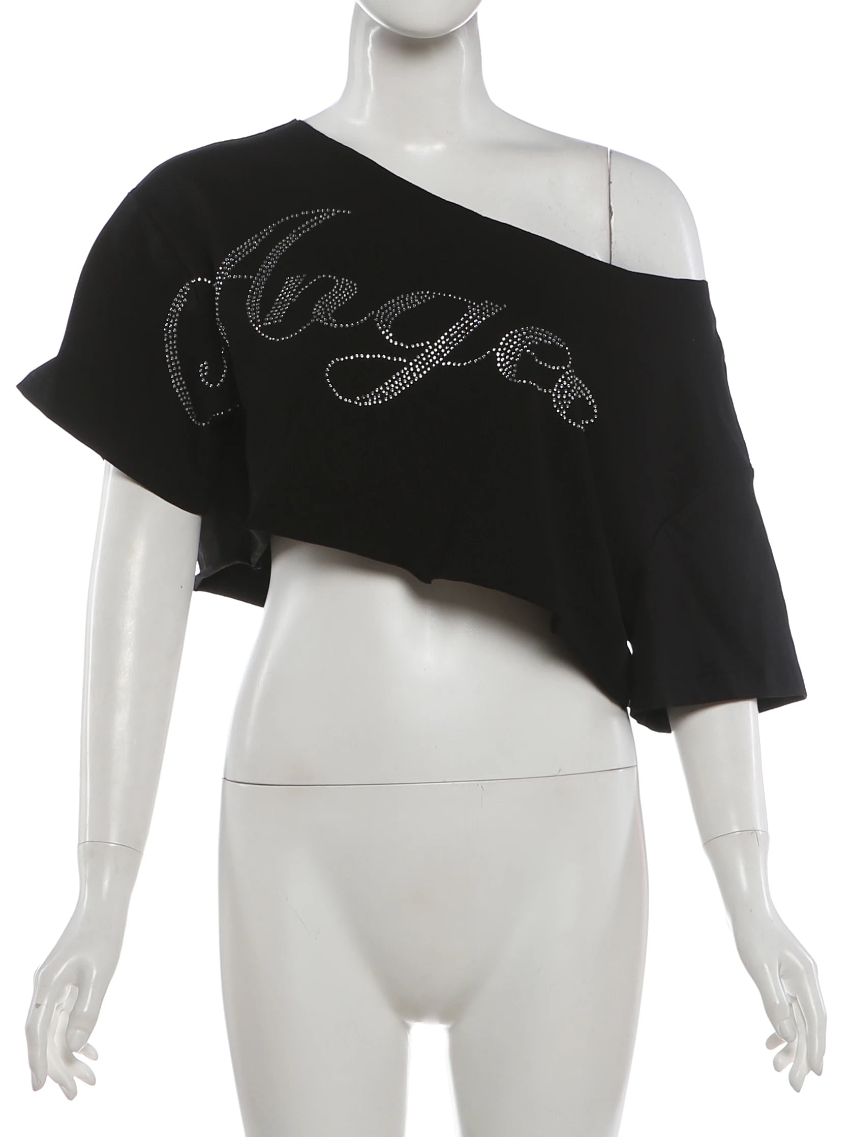 Shimmering Letter Rhinestone Tee Off Shoulder Top With Skew Collar