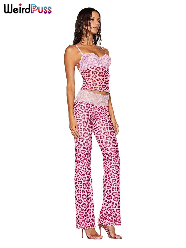 Patchwork Mesh Set With Leopard Print Skinny Pants Sexy Sleeveless Crop Top Street Style