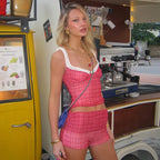 Coquette Plaid Set With Ruffle Trim Crop Top High Waist Shorts