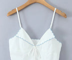 Wave Edged White Camis Sexy Bow V Neck Cotton Slim Crop Top