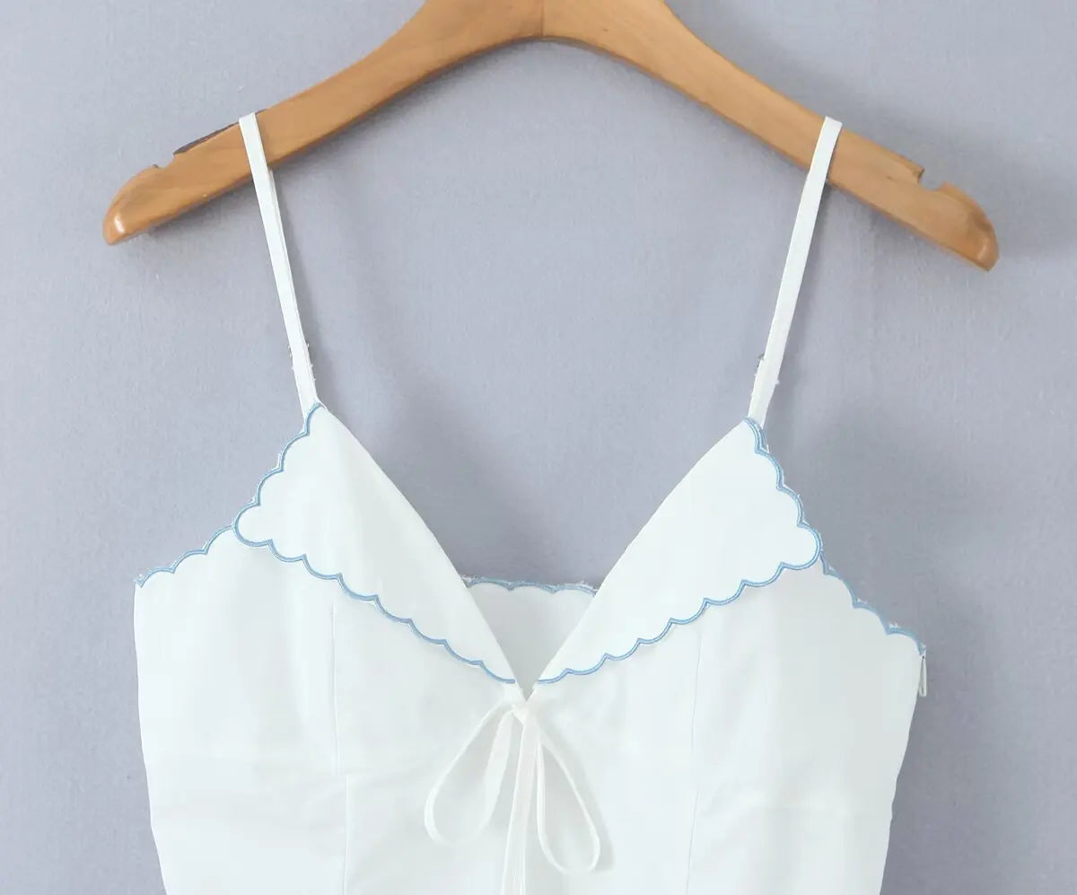 Wave Edged White Camis Sexy Bow V Neck Cotton Slim Crop Top
