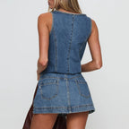 Denim Tie-Front Top And Mini Skirt Set With Square Neck