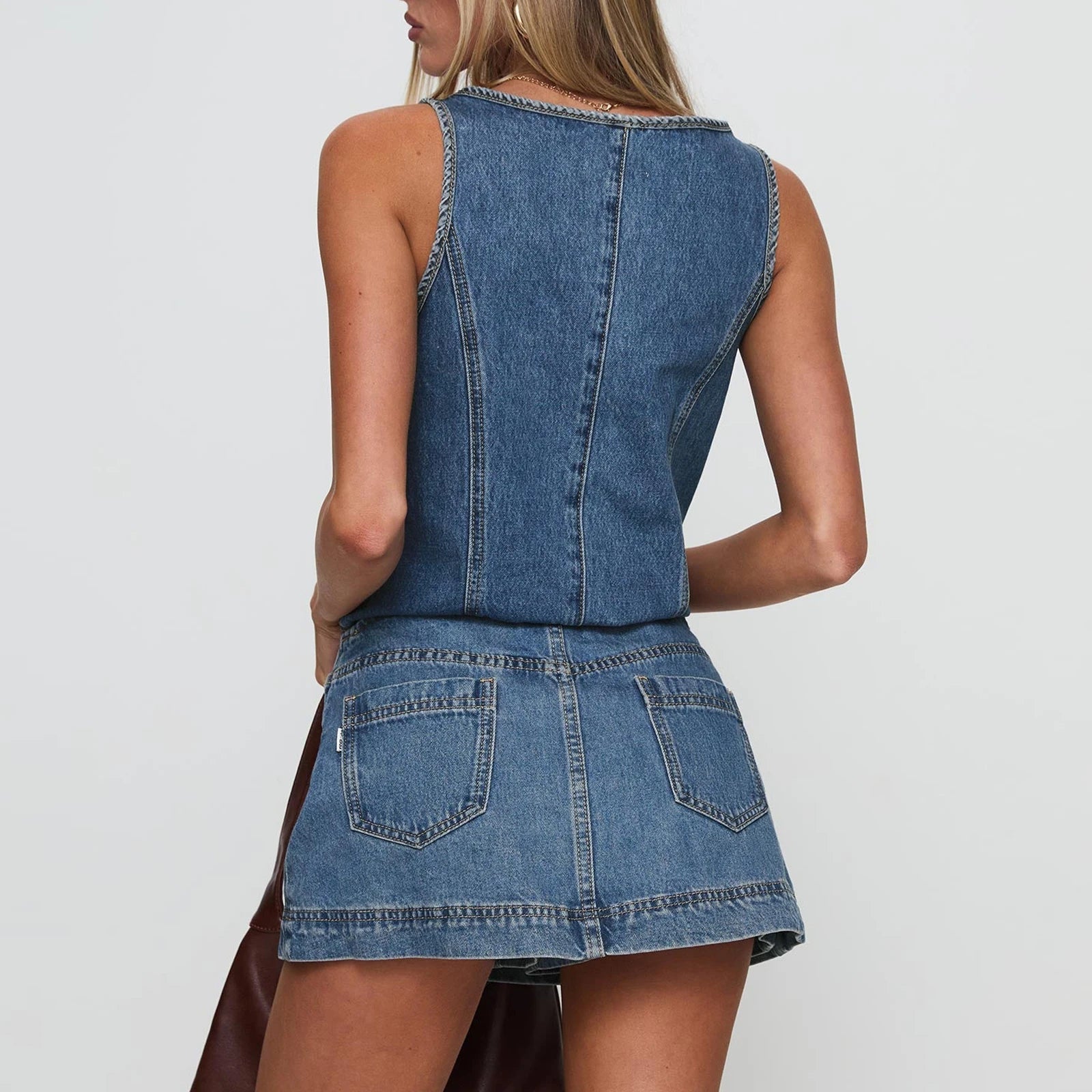 Denim Tie-Front Top And Mini Skirt Set With Square Neck