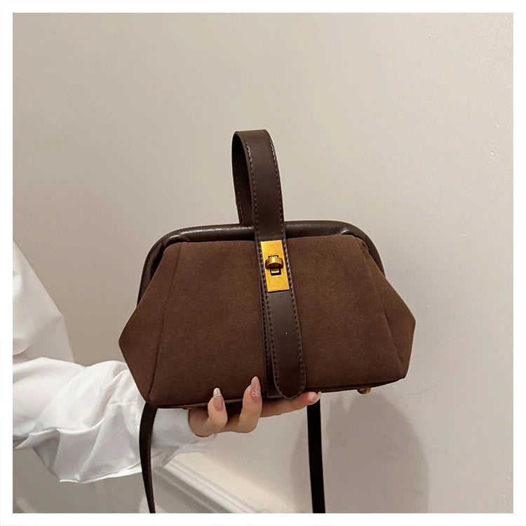 Luxe Faux Suede Frame Shoulder Bag With PU Accent Elegant Crossbody