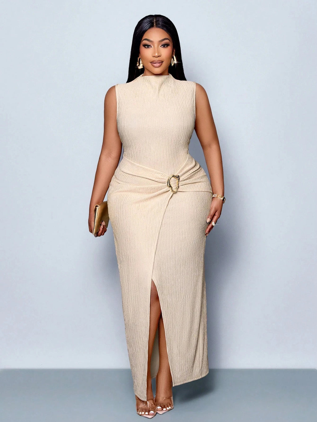Plus Size High Neck Sleeveless Split Twist Textured Floor Length Knit Dress
