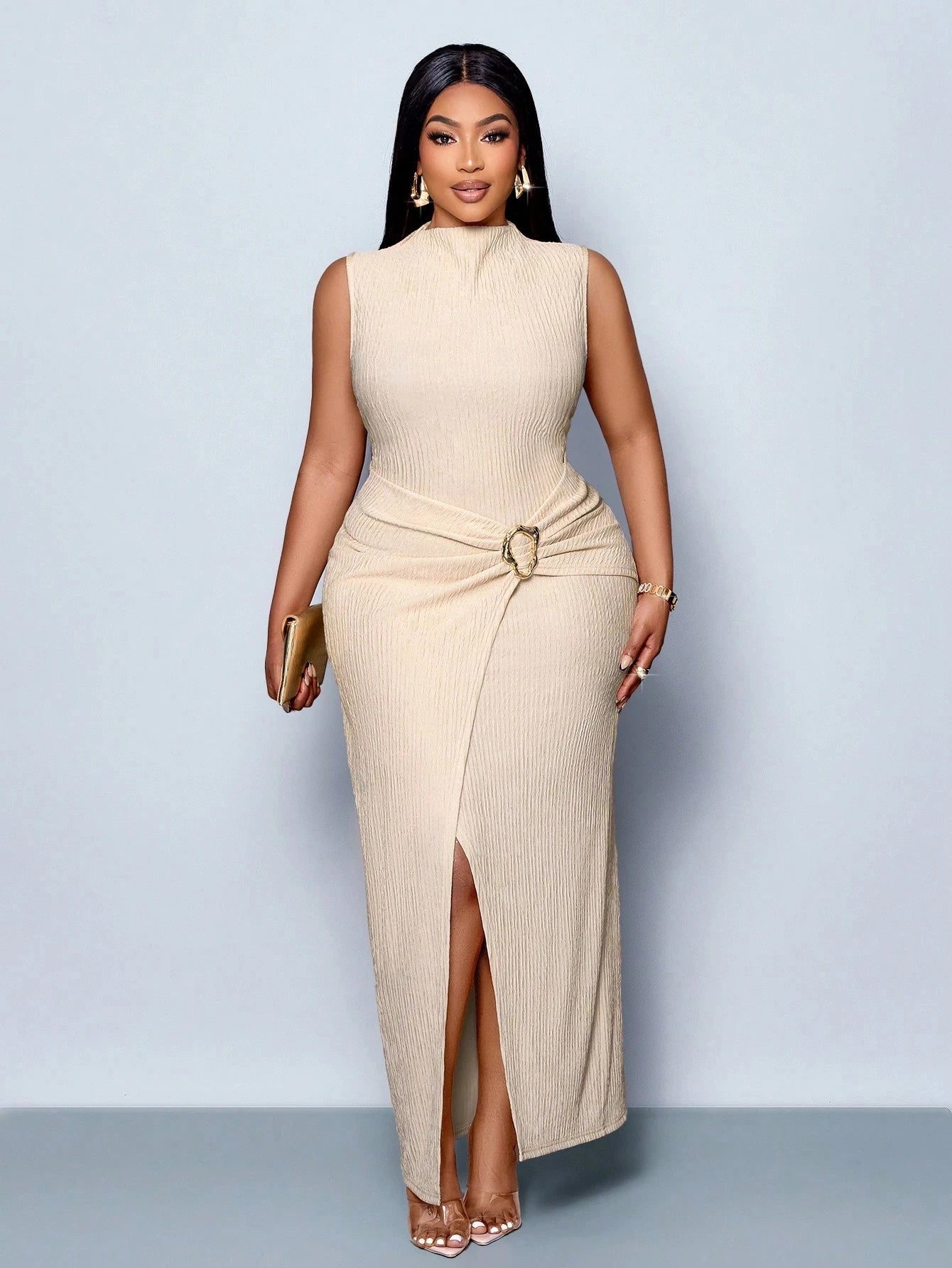 Plus Size High Neck Sleeveless Split Twist Textured Floor Length Knit Dress