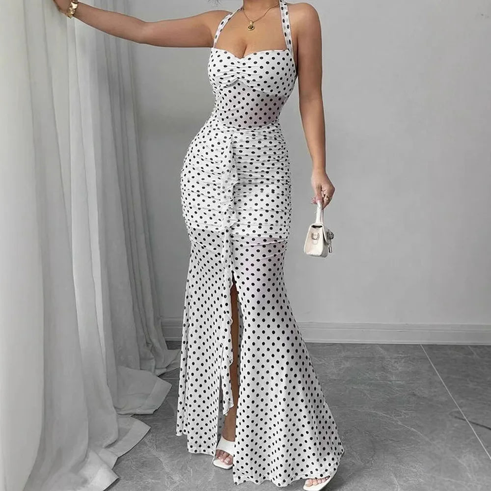 White Polka Dot Chiffon Backless Strapless Dress With Empire Waist