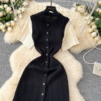 Vintage Inspired Turn Down Collar Knit Maxi Shirt Dress
