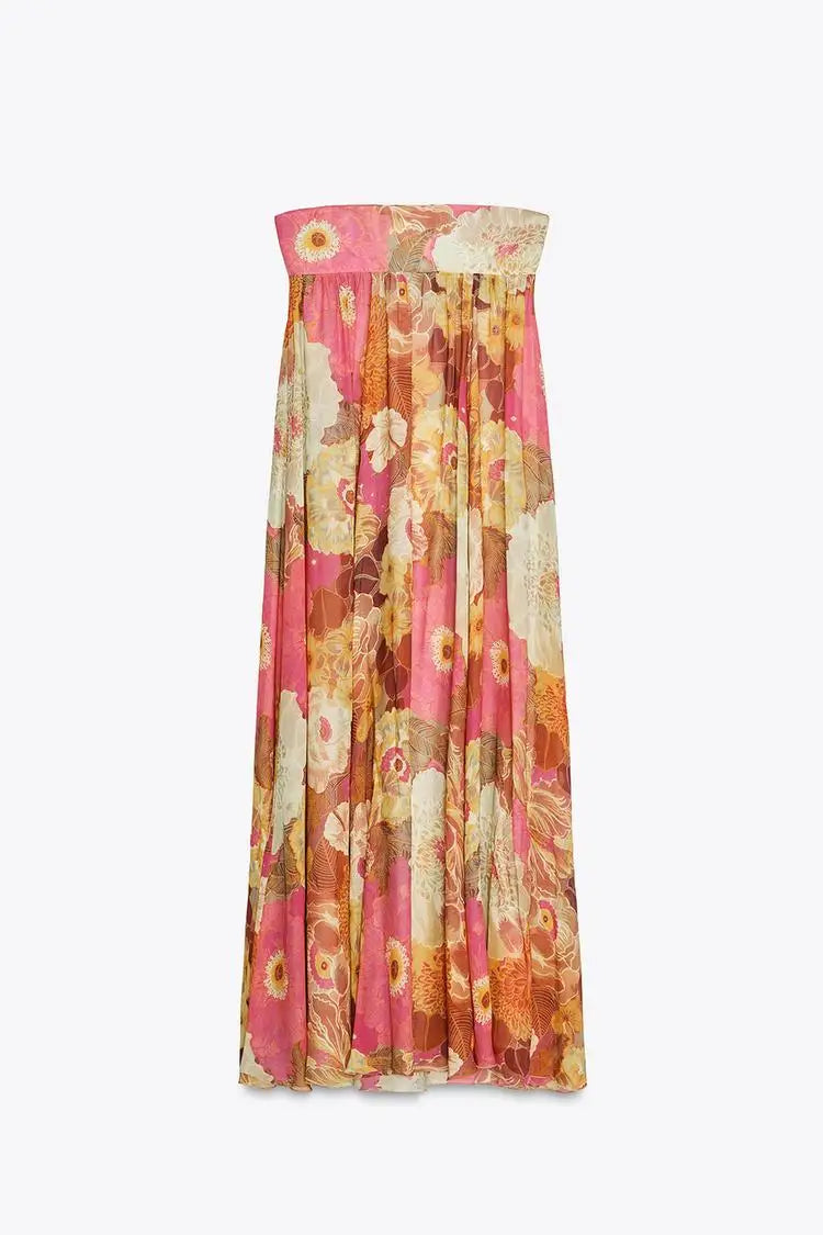 Printed Strapless Maxi Dress Elegant Off Shoulder Backless Gown High Waist