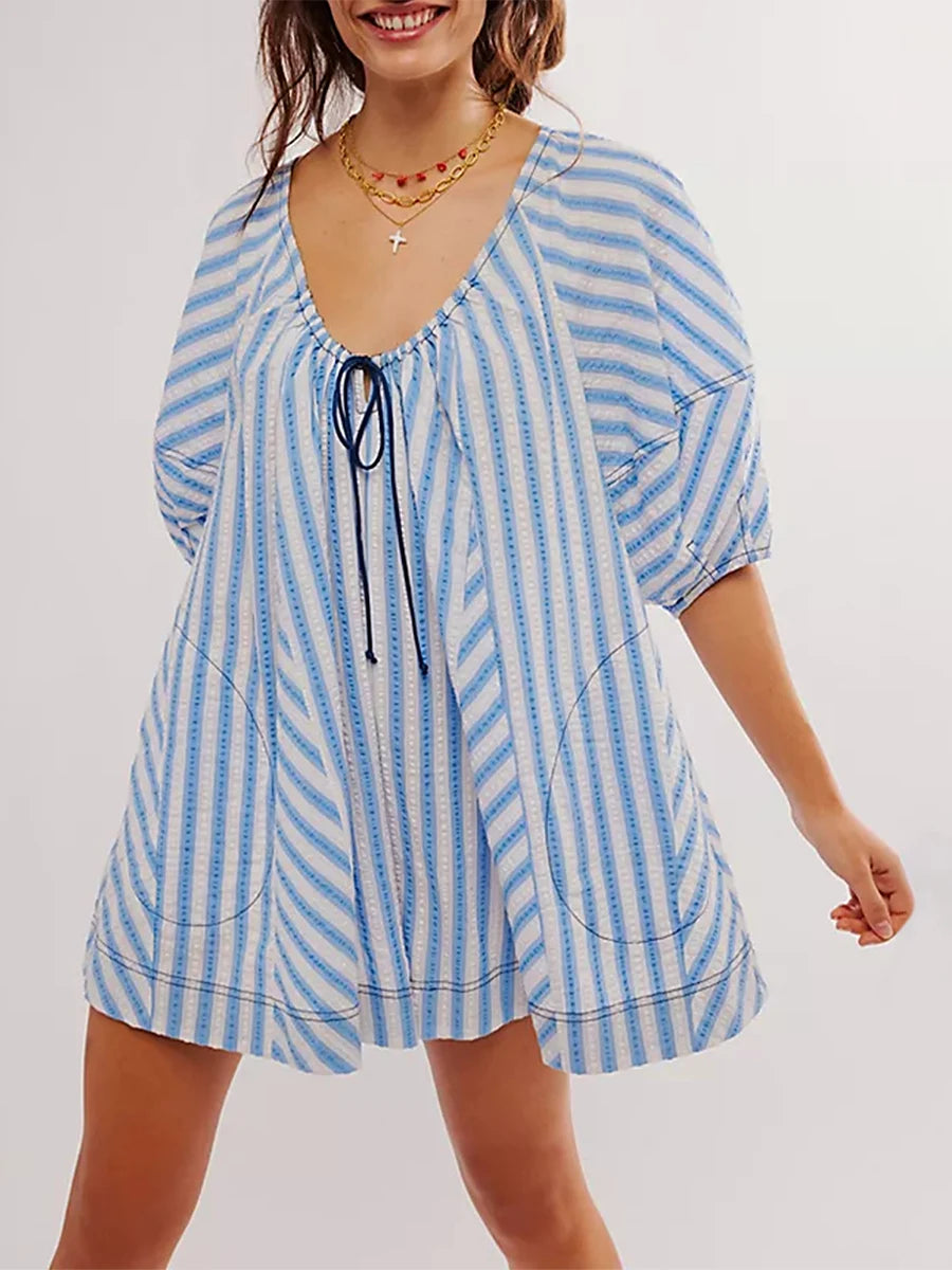 Y2k Rompers Sexy Loose Puff Sleeve V Neck Striped Jumpsuits Shorts Overalls Dress