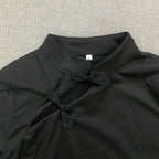 Ladies Blouse With Mandarin Collar Short Sleeve Crop Top Keyhole Frog Button Vintage Asymmetrical Design