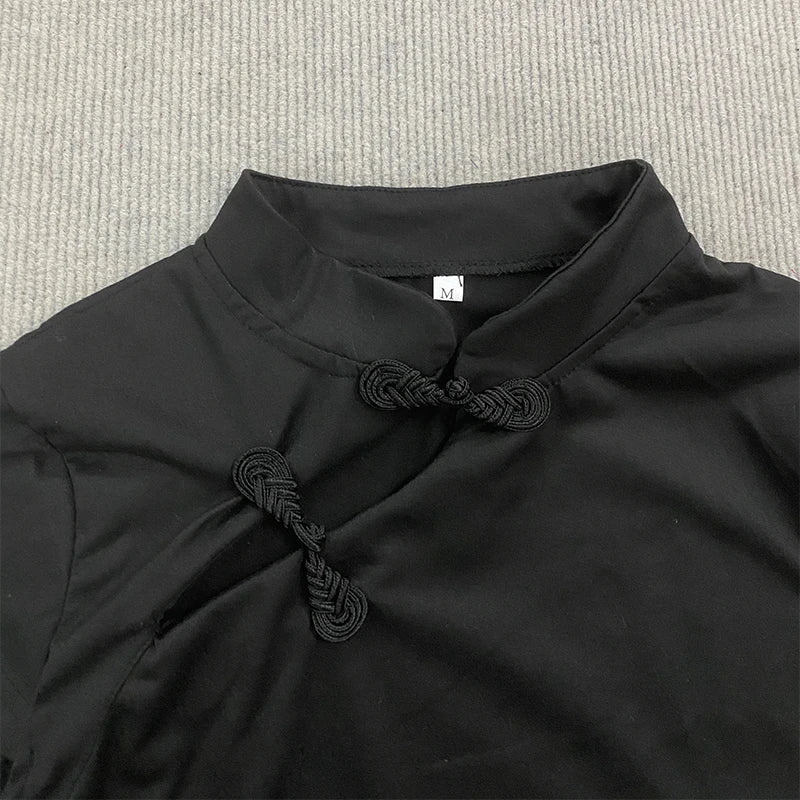 Ladies Blouse With Mandarin Collar Short Sleeve Crop Top Keyhole Frog Button Vintage Asymmetrical Design