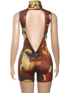 Backless Romper Women Sexy Button Turtleneck Sleeveless Ruched Vintage Cartoon Print Stretch Skinny Club Playsuit