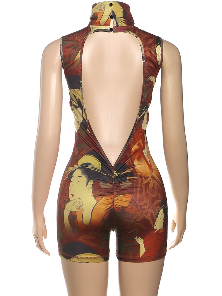 Backless Romper Women Sexy Button Turtleneck Sleeveless Ruched Vintage Cartoon Print Stretch Skinny Club Playsuit