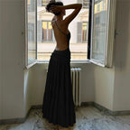 Off Shoulder Backless Evening Dress With Pleats And Ruffled Edges Diagonal Collar Floor Length