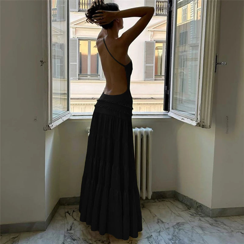 Off Shoulder Backless Evening Dress With Pleats And Ruffled Edges Diagonal Collar Floor Length
