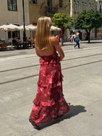 Boho Floral Halter Maxi Dress With Cutout And Tiered Ruffles Sleeveless