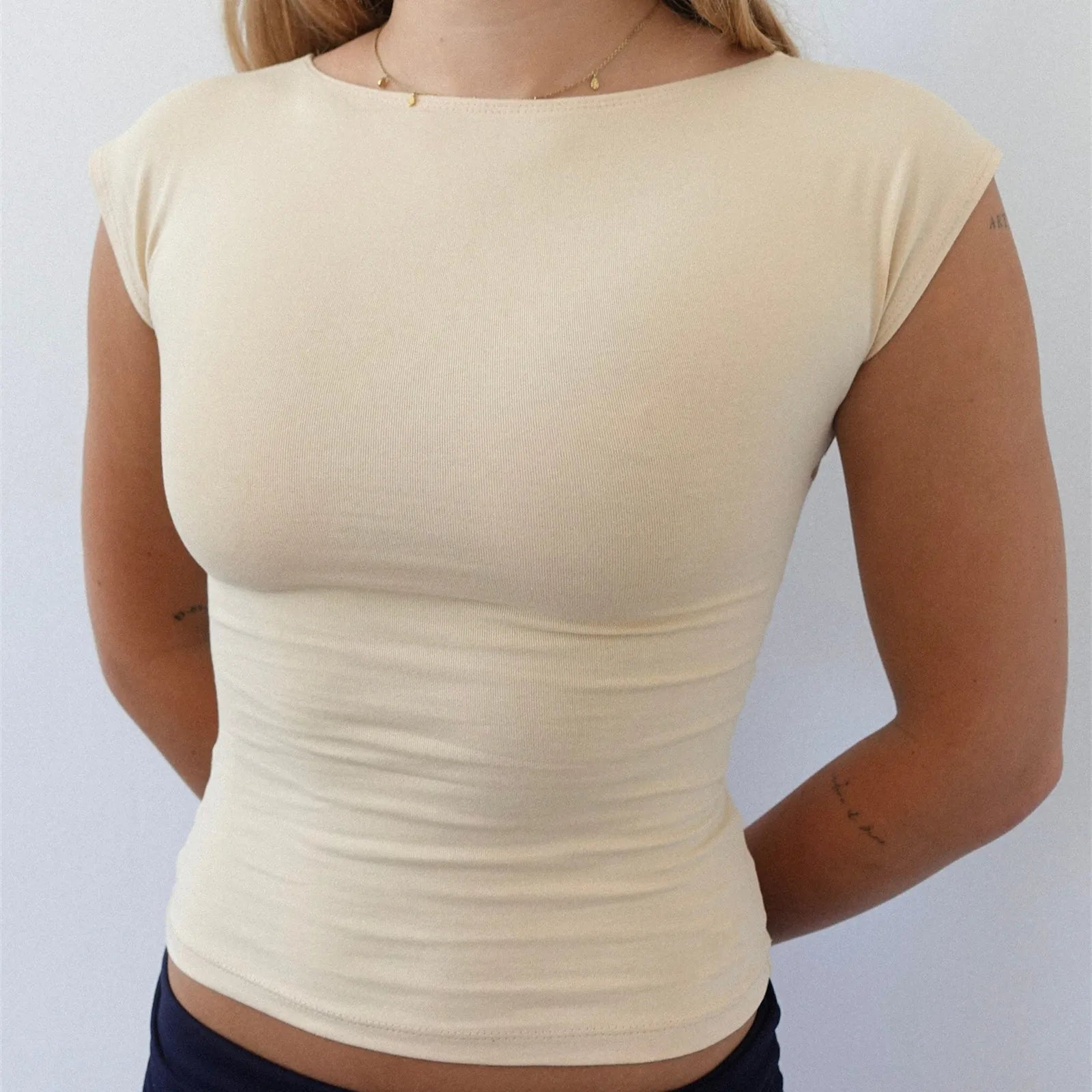 Front Cutout Bow Tie Backless Top Slim Fit Short Sleeve With Skew Collar
