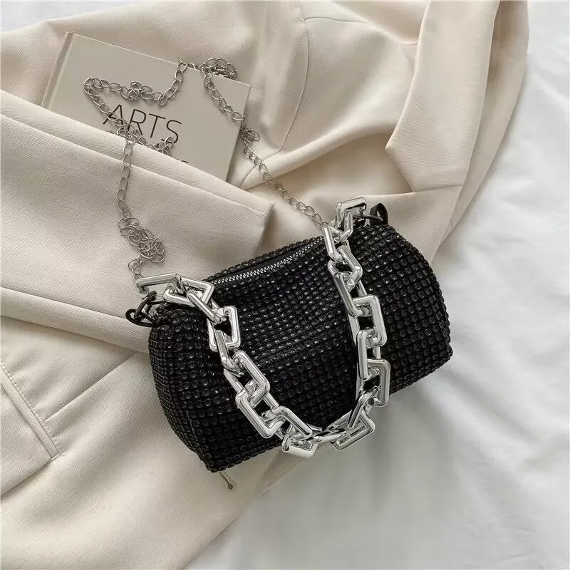 Mini Crossbody Rhinestone Bucket Bag With Glitter Chain Purse