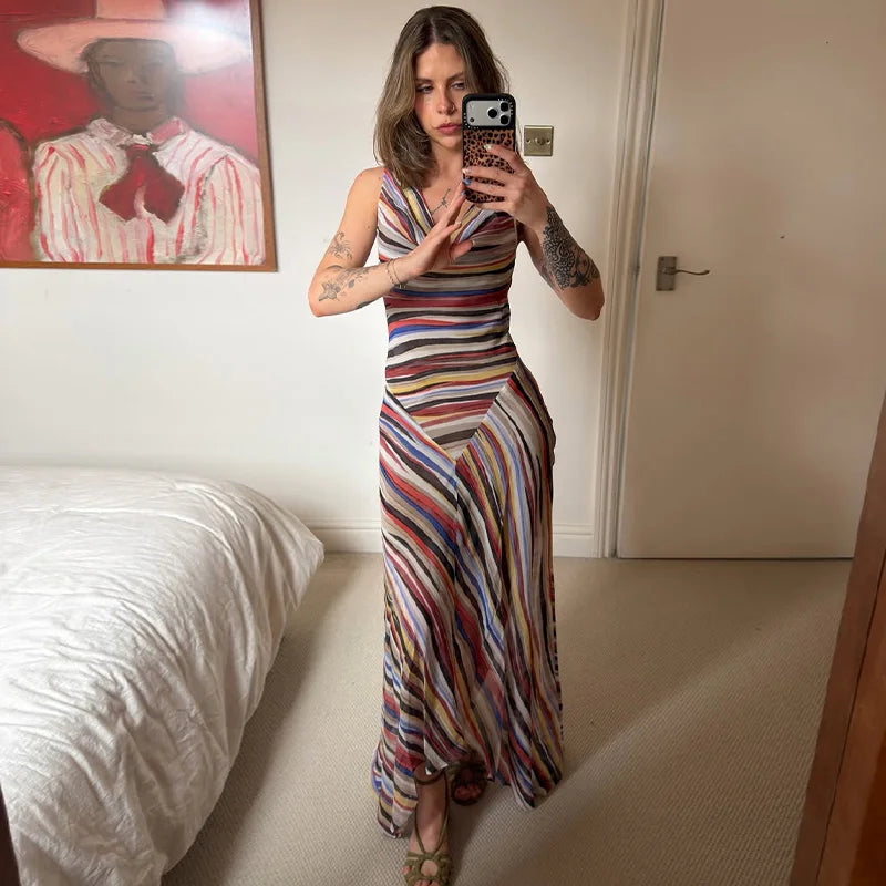 Colorful Stripe Sleeveless Midi Dress