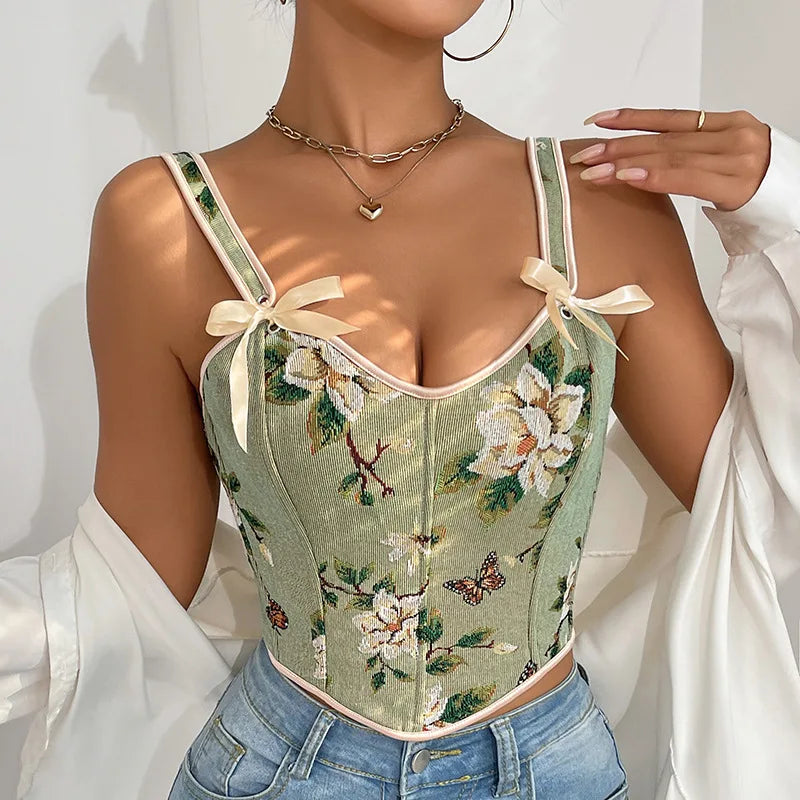 French Floral Print Corset Top With Double Straps Vintage Bustier Shaper