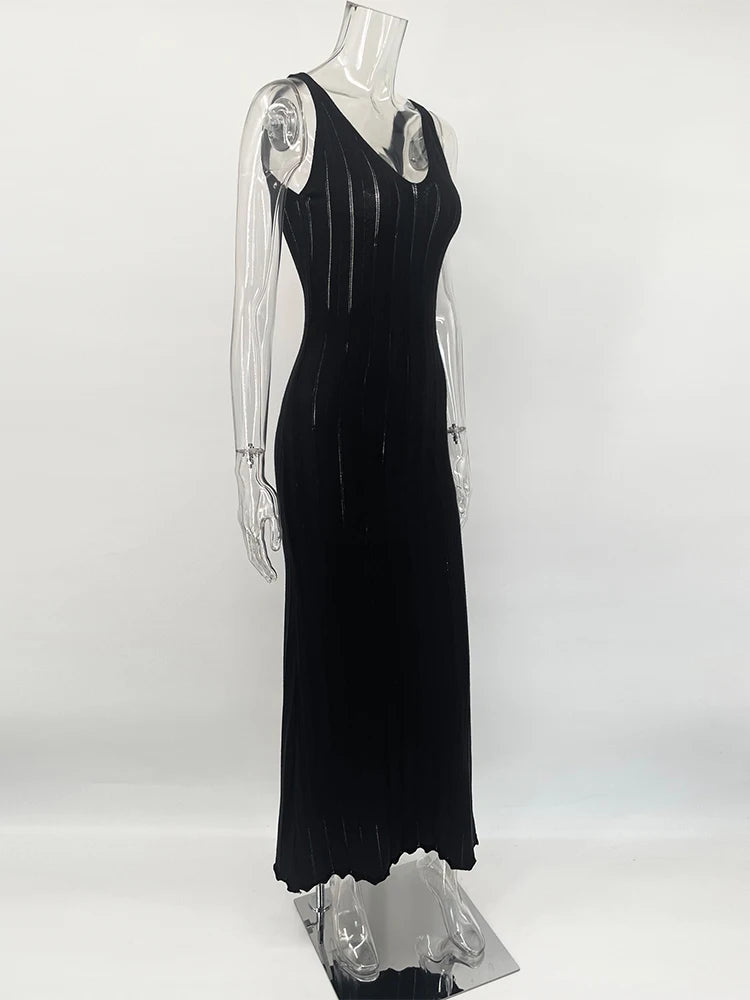 Backless Knit Maxi Dress With V Neck Sleeveles Long Gown