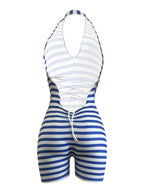 Striped Halter Romper With Backless Lace Up Detail