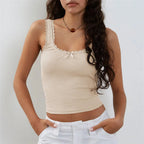 Coquette Lace Trim Knit Crop Top With Bow Sleeveless Square Collar