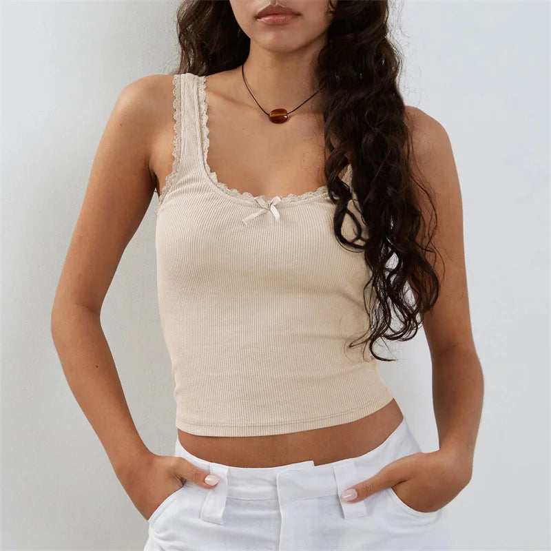 Coquette Lace Trim Knit Crop Top With Bow Sleeveless Square Collar