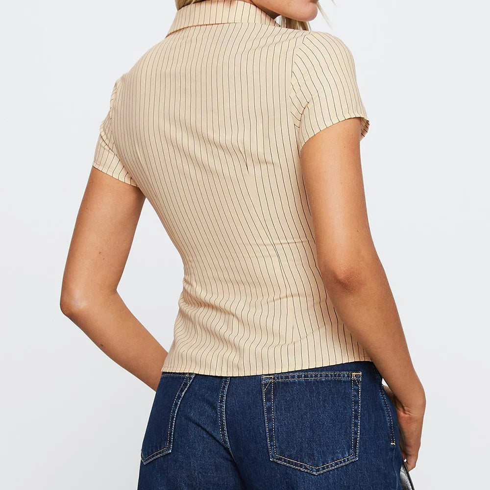 Vintage Striped Short Sleeve Button Down Shirt Preppy Casual Blouse With Crop Top Vibe