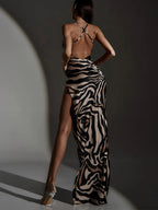 Zebra Print Maxi Dress With Lace Patchwork And Backless Slit l