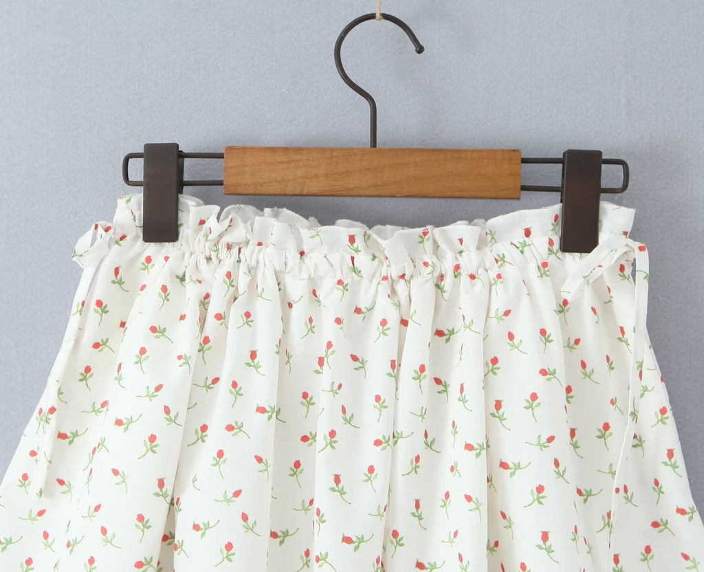 Radiant Bow Accent Ruched Bust Tank Top With Open Button Front And Rope Laced Waist Mini Skirt Set