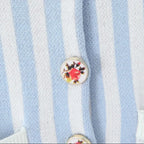 Sweet Blue White Striped Button Through Pointelle Knit Cardigan Sweater Woman Full Puff Sleeve Jumper Cropped Knitwear