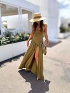 Olive Green Maxi Dress With Scarf Flowy Silhouette