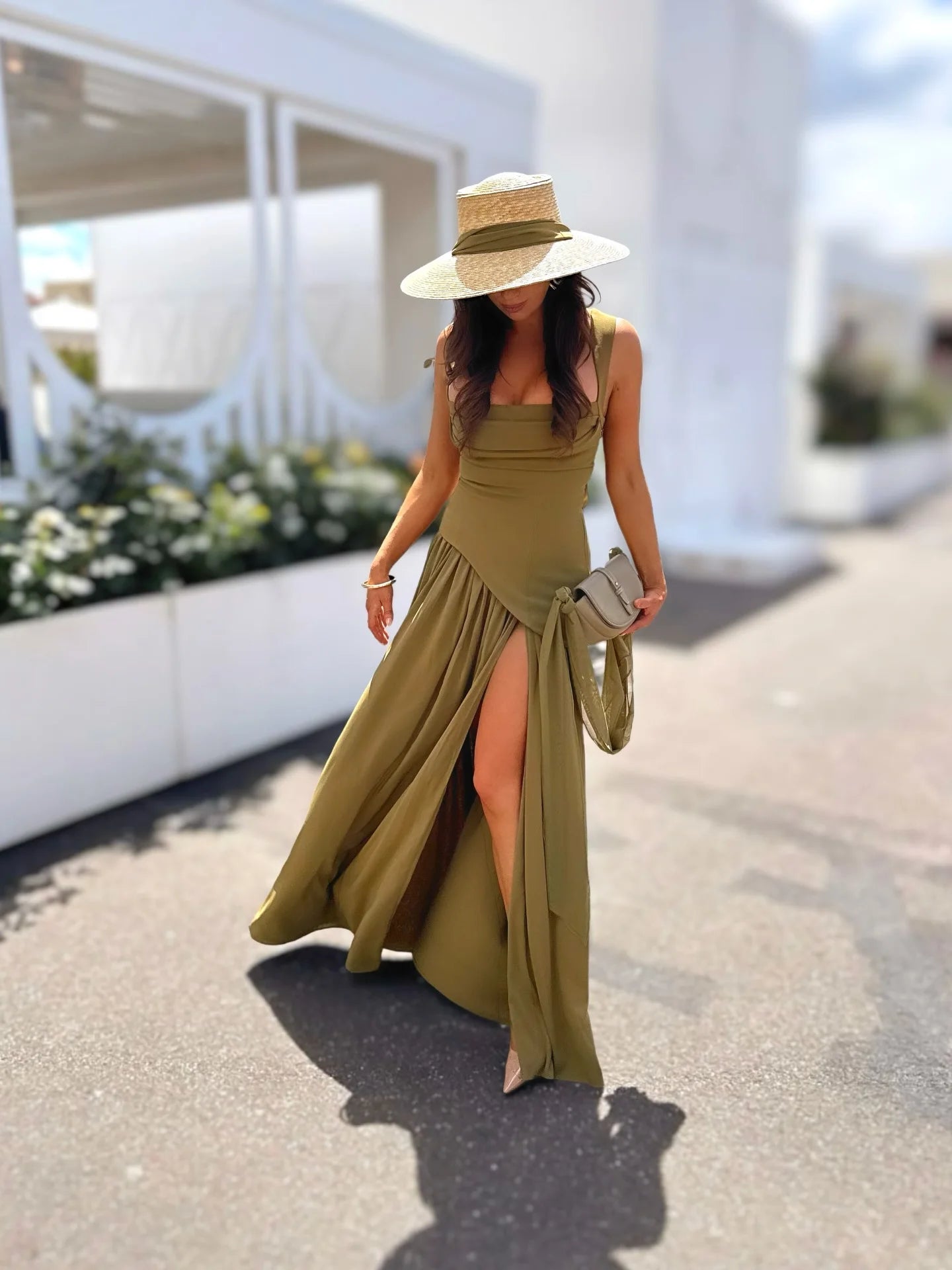 Olive Green Maxi Dress With Scarf Flowy Silhouette