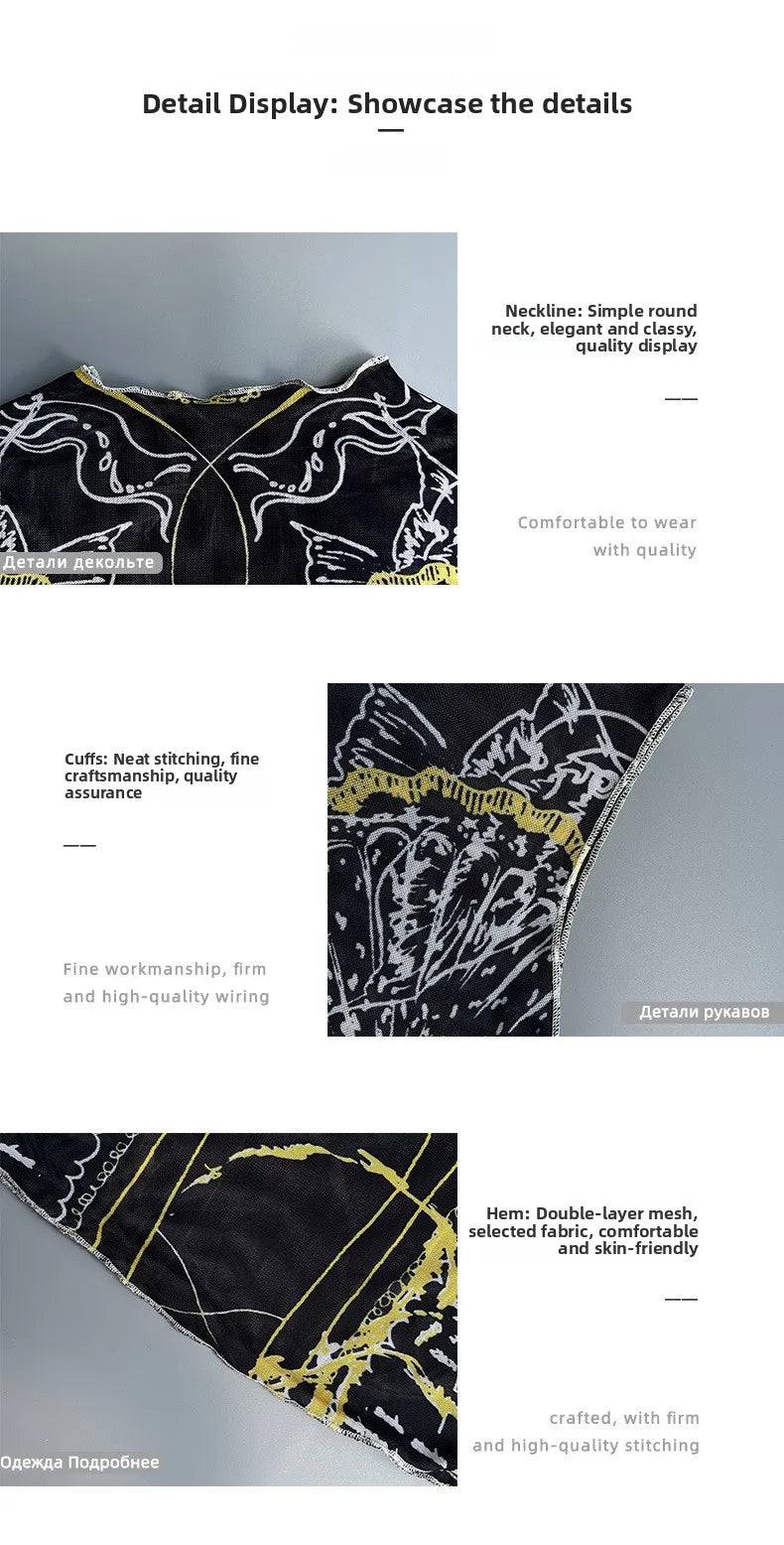Chic Double Layer Mesh Tee With Elegant Print And High Collar Short Sleeve Women Net Shirt