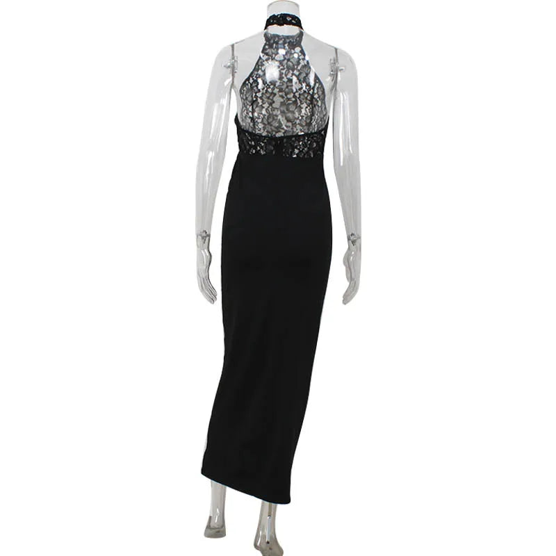 Elegant Lace Patchwork Sleeveless Dress For Women Chic Sheath Style With Hip Wrap