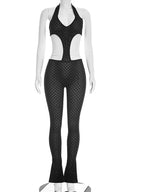 Black Crochet Cutout Jumpsuit Halter Backless See Through High Waist