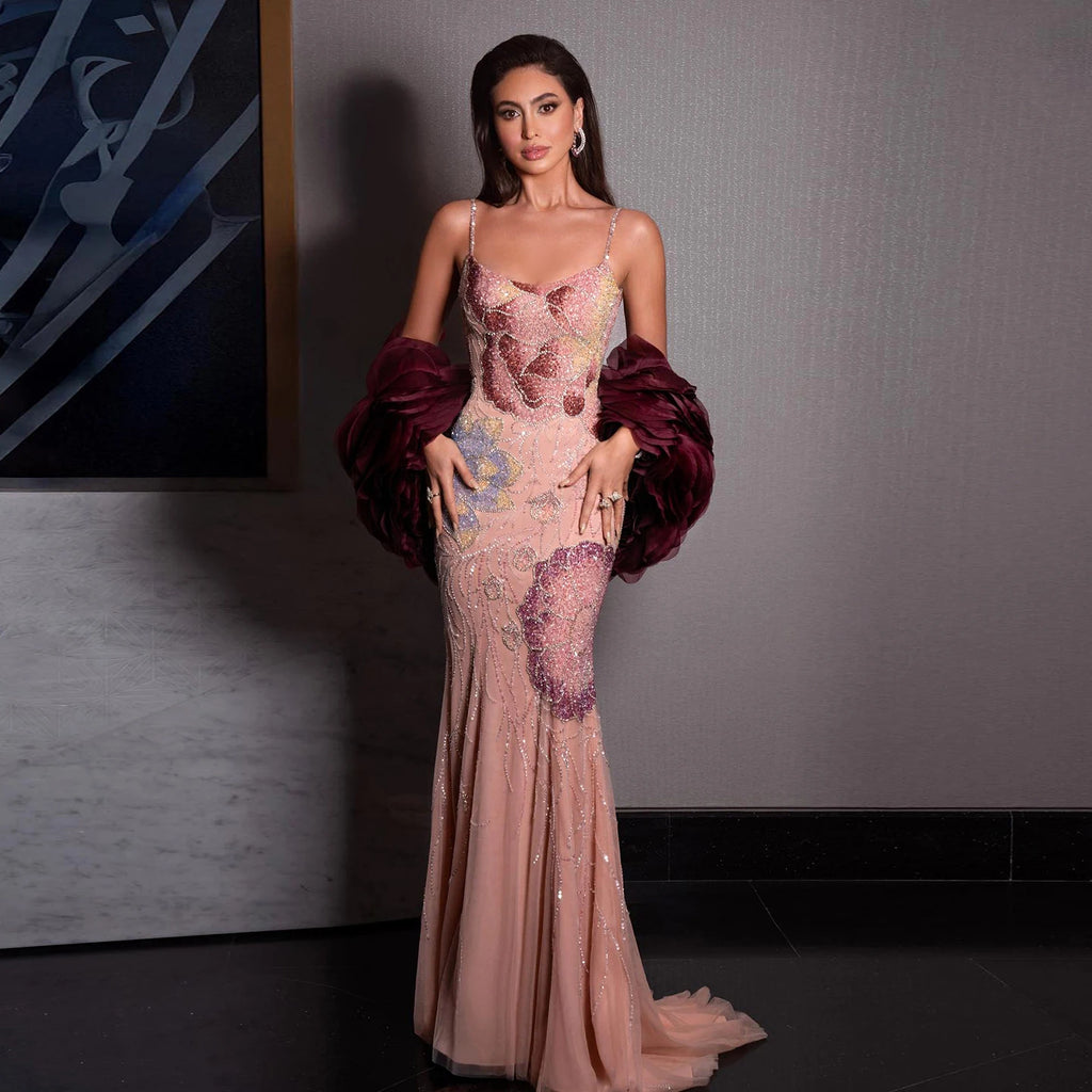 Elegant Pink Floral Beaded Evening Dress With Burgundy Shawl Cape For Women Party Gown