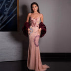 Elegant Pink Floral Beaded Evening Dress With Burgundy Shawl Cape For Women Party Gown
