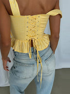 Sunny Plaid Sling Top With Ruffles V Neck Sleeveless