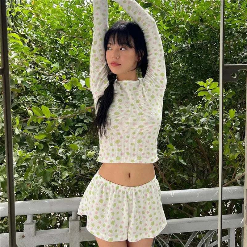 Floral Knit Pajama Set With Crop Top And Low Waist Shorts