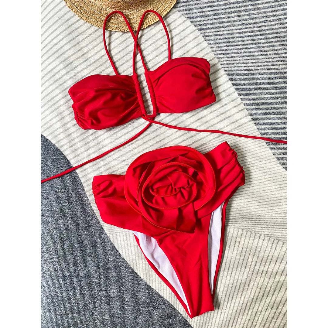Floral 3D Detail Bikini Swimsuit With High Waist And Wrinkled Texture For Beach Days